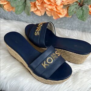 Michael Kors Brady Platform MK Logo Navy Saffiano Slide Sandal Size 6